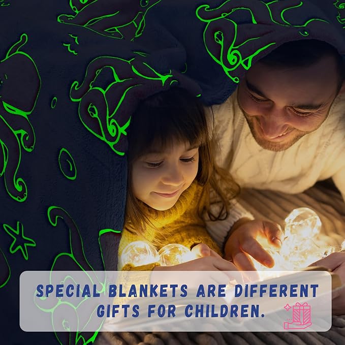 Octopus Toys Birthday Gifts for Boys Girls, Soft Blue Octopus Blanket for Kids Toddlers Travel, Glow in the Dark Ocean Sea Animal Fleece Throw Blanket for Bedroom Game Room Coastal Decor 50"x60"
