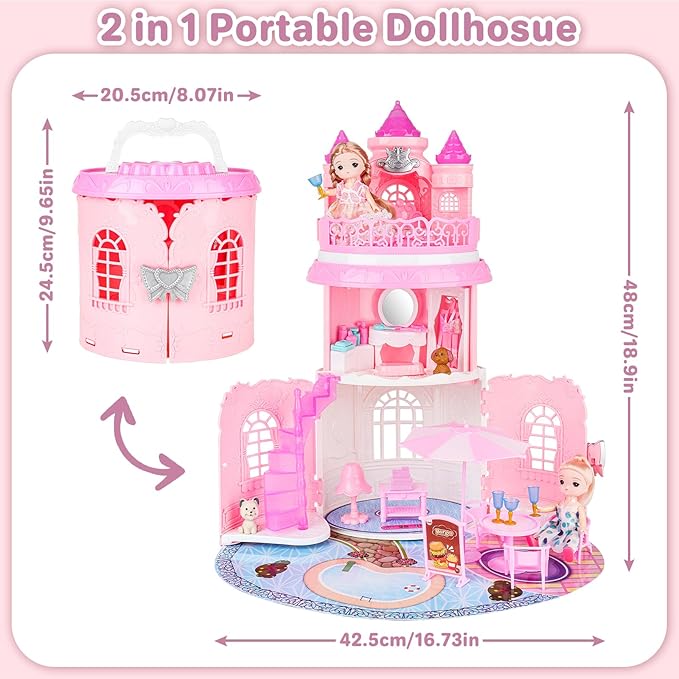deAO Doll House for Girls Portable Playset Dollhouse Castle Kids Pretend Play with 2 Doll Toy Figures,Living Room,Bedroom,Balcony & Accessories for 3 to 7 Year Olds Kids (Pink)
