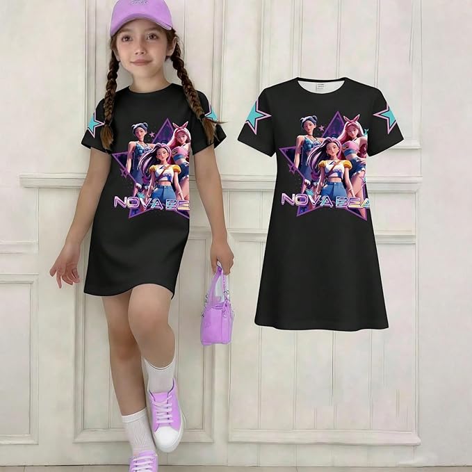 Girl's Anime K-POP Graphic Long Dress T-Shirt - Casual Loose Fit Short Sleeve Top