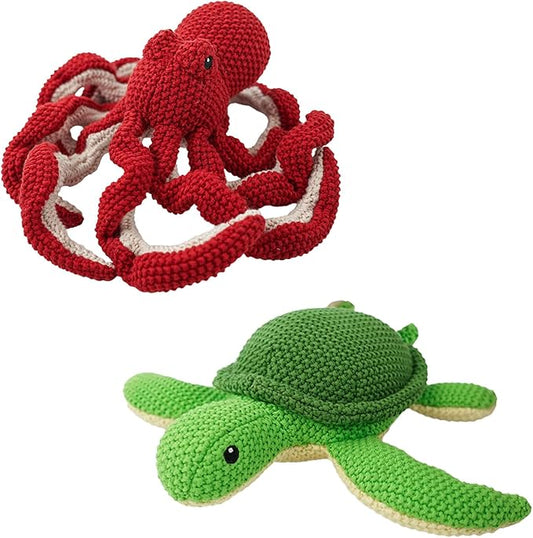 Crochet Stuffed Animals 2-Pack (Octopus & Sea Turtle), 9 Inches Soft Cotton Ocean Plush Toys, Hand-Crocheted Sea Plushies, Birthday for Boys Girls Kids & Adults