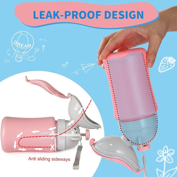 ONEDONE Portable Urinal for Kids 17 OZ Pee Bottle with Clean Brush Travel Urinal for Kids Baby Child Pee Cup for Girls Emergency Toilet for Camping Car Travel and Kid Potty Training (Pink)