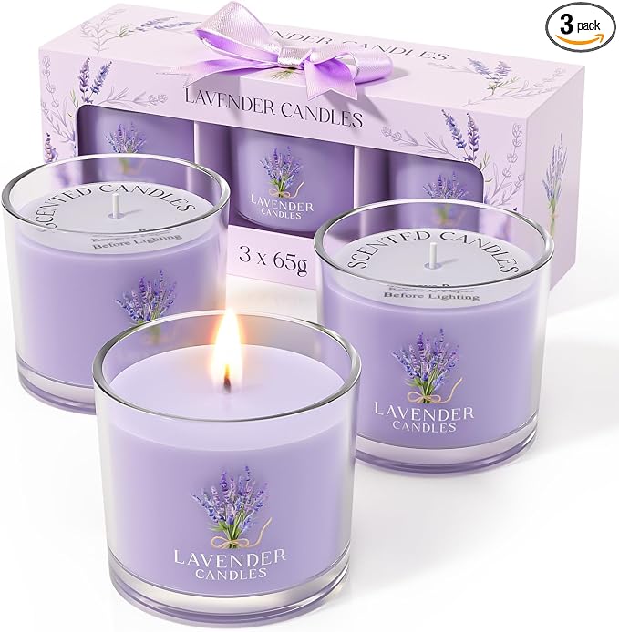 CHILLFLAME Lavender Candle, Scented Candles Gift Set for Stress Relief, 3 Votive Candles for Women and Men, Birthday Candle Gifts for Women, Christmas Candles for Women (Purple, 7 oz)