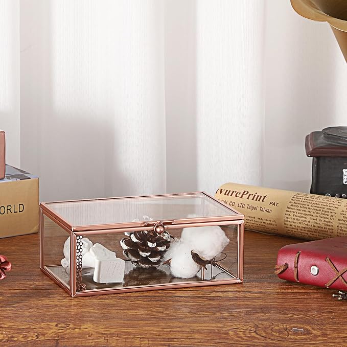 Hipiwe Vintage Glass Keepsake Box Rectangle Jewelry Display Organizer Lidded Box Home Decor Glass Decorative Box for Trinket Rings Earrings Bracelet, Rose Gold, Small