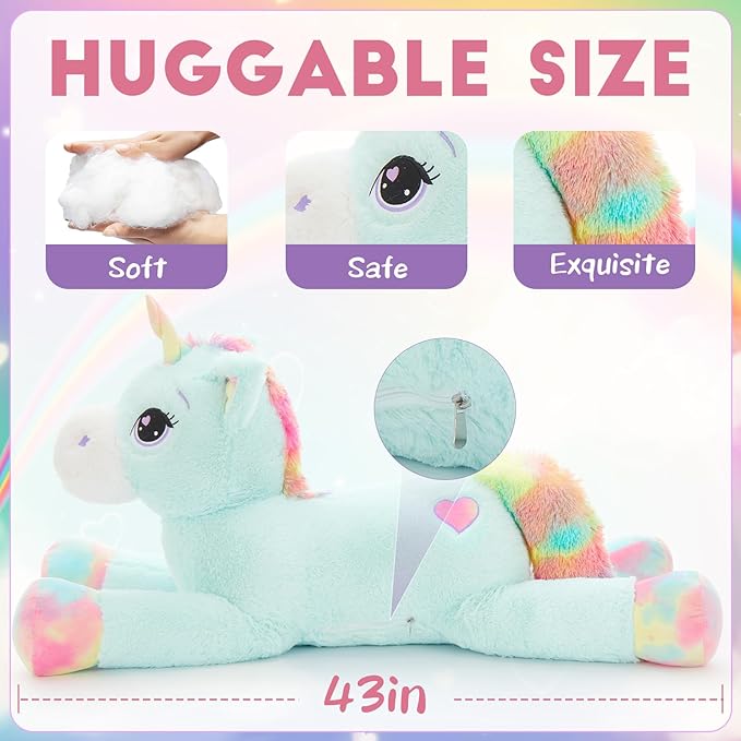 Tezituor 43in Giant Unicorn Plush Toys,Big Blue Unicorn Stuffed Animals,Lovely Birthday Decorations for Children,Great Unicorns Gifts for Girls