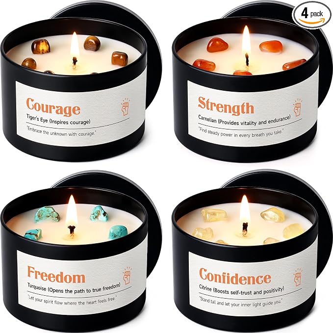 AOOVOO Crystal Empower Candles Set for Women - 4 Pack 26 oz Soy Wax Candles for Home Scented, 200 Hour Long Lasting Candle, Freedom Turquoise/Confidence Citrine/Strength Carnelian/Courage Tiger's Eye