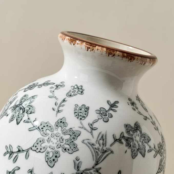 Gray Vintage Chinoiserie Floral Vase, 7.95" Decorative Flower Vase, Modern Farmhouse Ceramic Vase for Home Decor, Living Room, Bookshelf, Office, Entryway, Garden, Chinoiserie Decor, Tuscan Decor