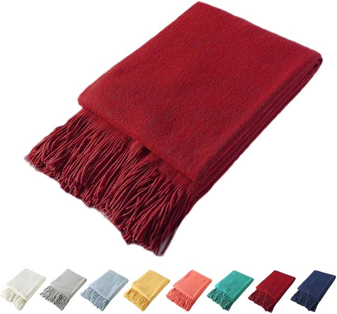 Homiest Red Knitted Throw Blanket with Fringe, 50x60 Inch | Pure Acrylic, Lightweight & Breathable, All-Season Use, Machine Washable, Wrinkle & Fade Resistant, for Couch Sofa And Bed