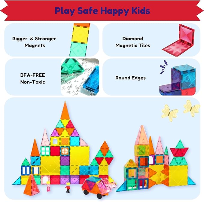 Magnetic Tiles 90 PCS Rainbow Castle Set Magnetic Blocks, Montessori 3D STEM Building Blocks, Sensory for Kids Ages 3-9, Educational and Preschool Toys, Gift for Toddlers, Girls & Boy
