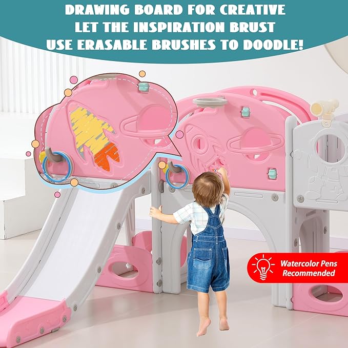 12 in 1 Toddler Slide, Astronaut Themed for Baby Slide Toddlers Aged 3+, with Astronaut,Telescope, Basketball Hoop and Ring Toss, Toddler Playset Pink Gray Combo