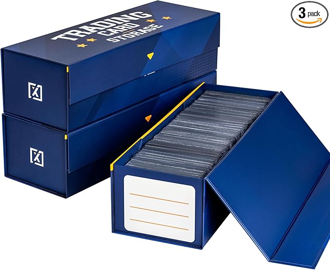 HOMEXPRO Easy Fold Trading Card Storage Box [3 PACK] Magnetic Lid | Toploader Storage Box Fits 800 Cards, 200 Toploaders, or 50 One Touch | Baseball Card Storage Box - Labels included