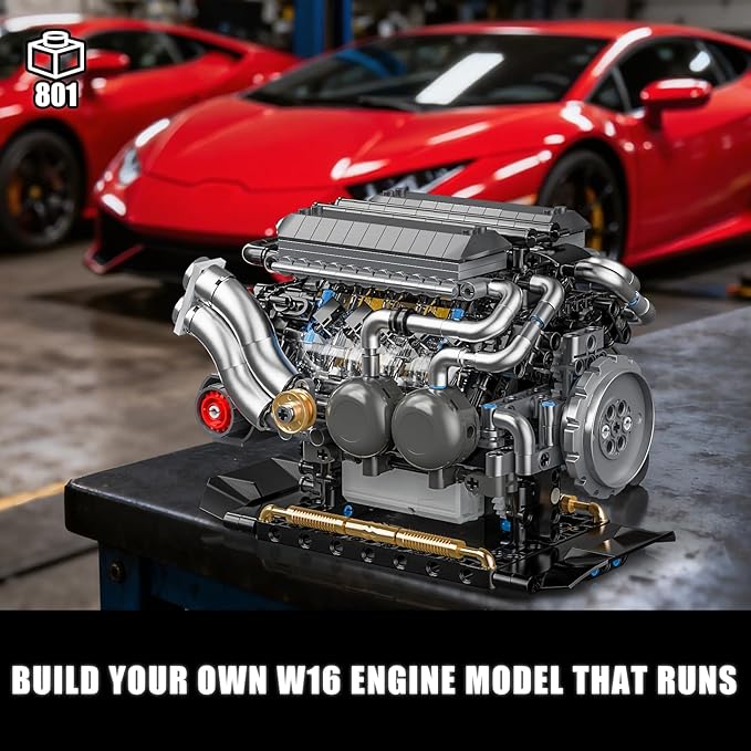 W16 Engine Building Blocks Set for Adults, STEM Mini 16-Cylinder Engine Model Kit that Runs, Compatible with Lego Car, DIY Physical Science Experiment Toy for Teens Boys 8-14+ (801 PCS)