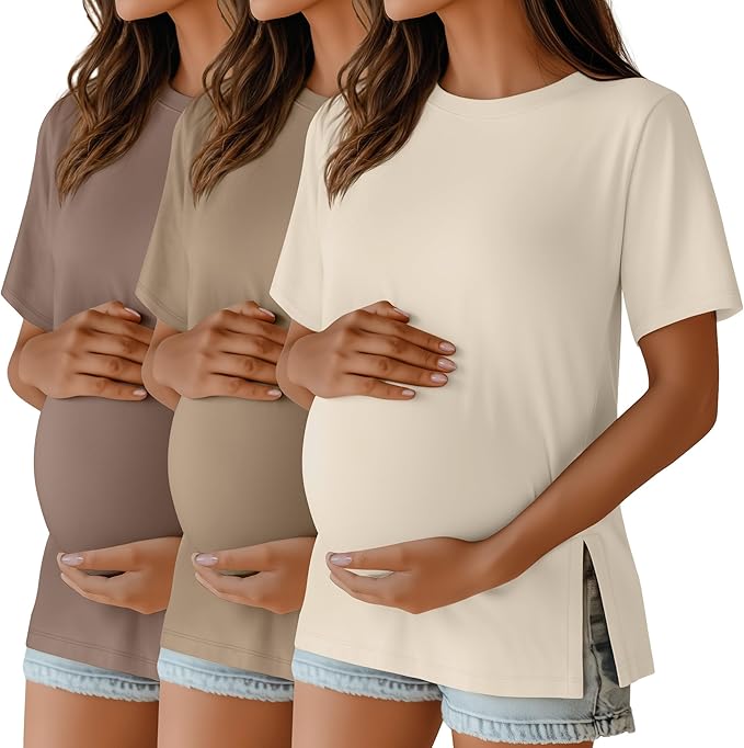 Ficerd 3 Pack Women's Maternity T Shirts, Short Sleeve Side Split Pregnancy Tops Casual Crew Neck Pregnant Tees Mama Clothes