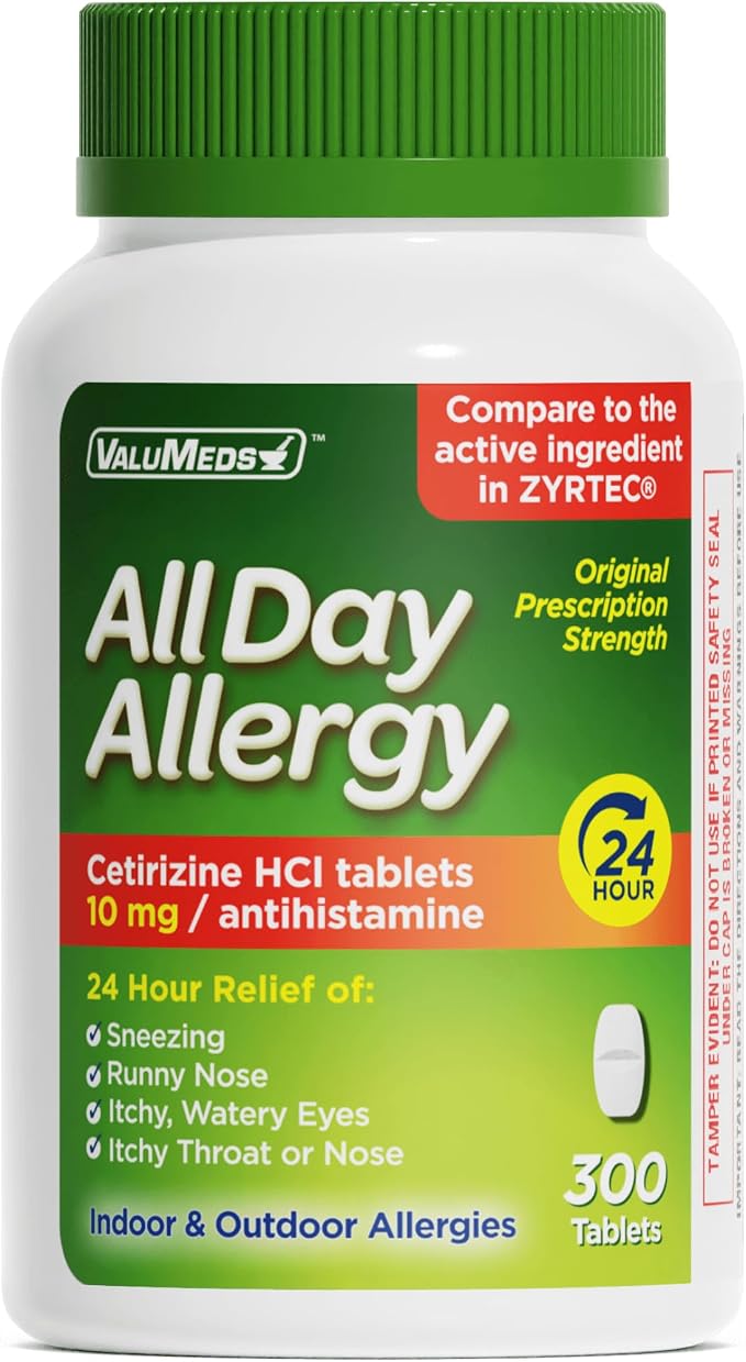 ValuMeds 24-Hour Allergy Medicine Antihistamine for Pollen, Hay Fever, Dry, Itchy Eyes, Allergies | Cetirizine HCl 10mg Caplets, Compare to Leading Brand (300 Count)