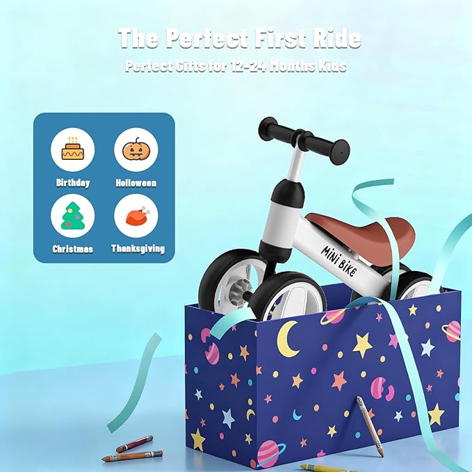 SIMATE Balance Bike Toys for 1 Year Old Boys Girls, 12-24 Month Toddler Ride on Toys, 4 Silent Wheels & Soft Seat, First Birthday Gifts for Baby Girls Boys