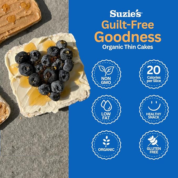 Suzie's Organic Brown Rice Cake Thins|12 Pack|Unsalted Sodium Free|USDA Organic, NON-GMO, Fat-Free, Sugar-Free, Gluten-Free|Low-Calorie Snack-16 Calories Per Slice|Bread & Cracker Replacement