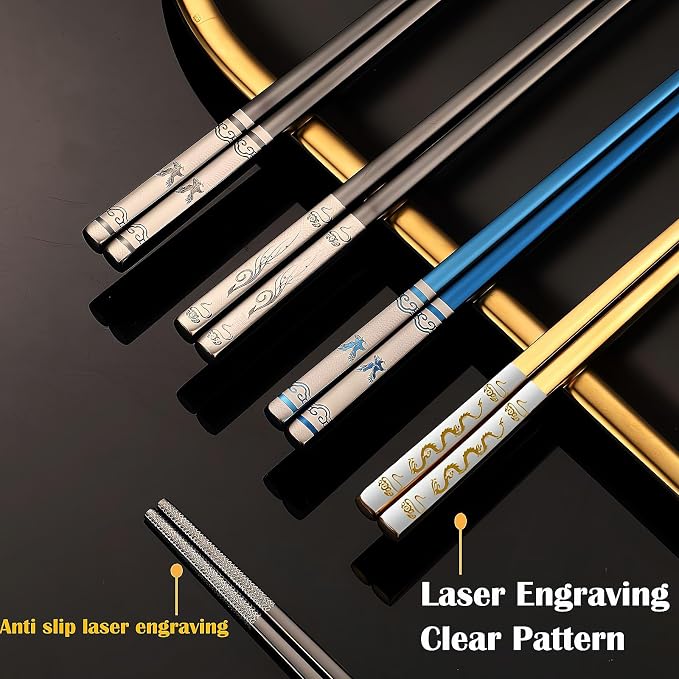 Stainless Steel Chopsticks with Case,2 Pairs Metal Blue Eagle Black Phoenix | Reusable,Portable,Come in a Set,Durable Case lightweight,Beginner friendly, Suitable for School,Home,Office,Bento Box
