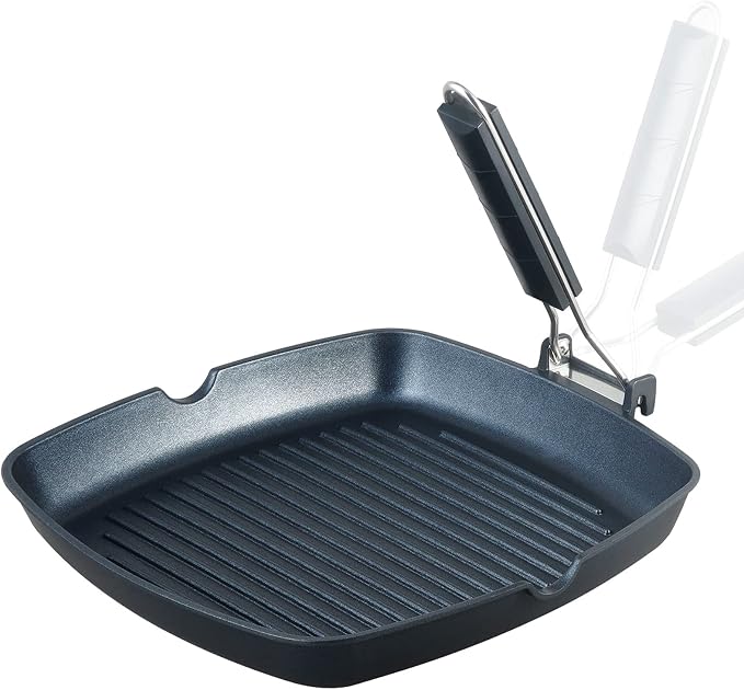 S·KITCHN Grill Pan with Folding Handle, Nonstick Grilling Pan for Stove Tops, Induction Compatible Square BBQ Pan with Pour Spouts - 11 in