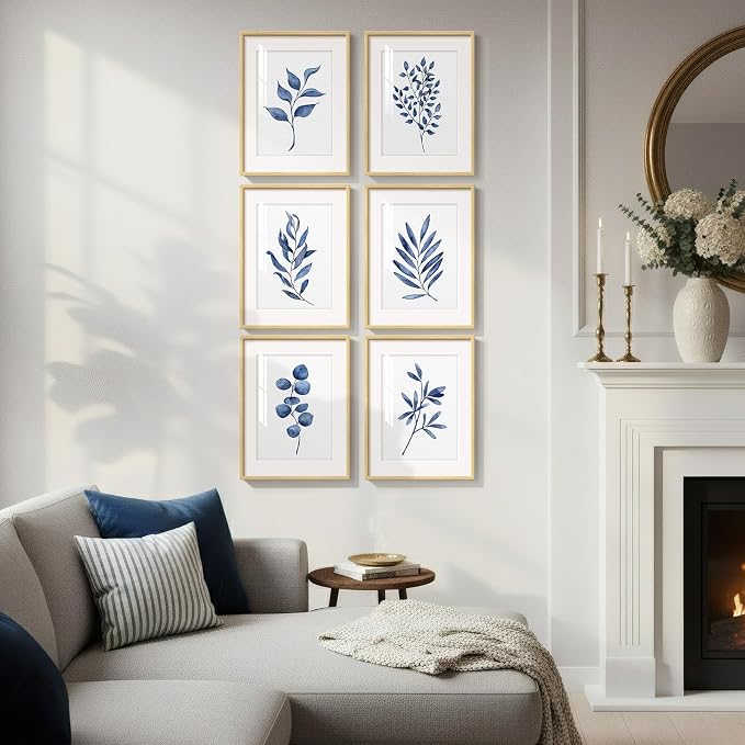 Framed Minimalist Blue Botanical Wall Art for Living Room, 6 Piece 11x14 In | Watercolor plant pictures, Plexiglass with mat prints, Leaf wall decor, Contemporary home decor, Bedroom office artwork