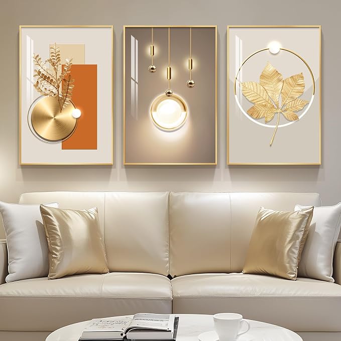 Framed Modern Luxury Gold Large Wall Art for Living Room, 3 Piece 16x24 In | Soild golden framed prints, Crystal coating wall paintings, Geometric wall art for bedroom dining room hallway
