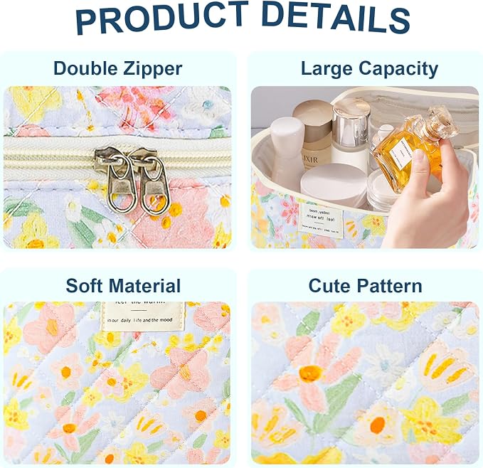 GISMTR 3Pcs Makeup Bag Cotton Quilted Travel Cosmetic Bag Cute Floral Makeup Pouch Large Toiletry Bag for Women Girls