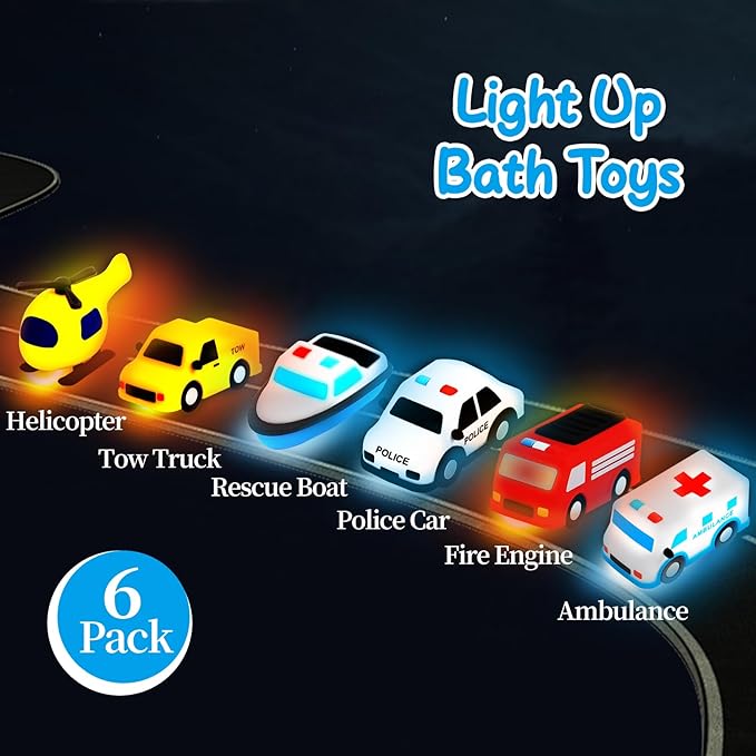 Light Up Bath Toys 6 Pack, 100% Food Grade Silicone Bathtub Toys, Shake-Activated Light Up Toys Flash & Lights Color Change, Soft & Squeezable for Baby&Toddler