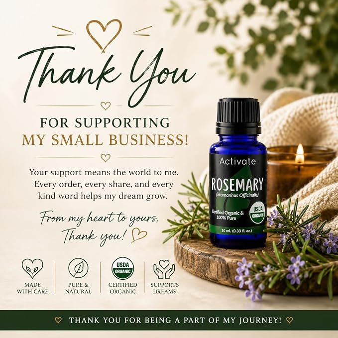 Activate Organic Rosemary Essential Oil, USDA Certified Organic, 100% Pure & Undiluted, Steam Distilled for Aromatherapy, Hair, Skin, Diffuser, Massage, DIY Soap & Candle Making, 10ml