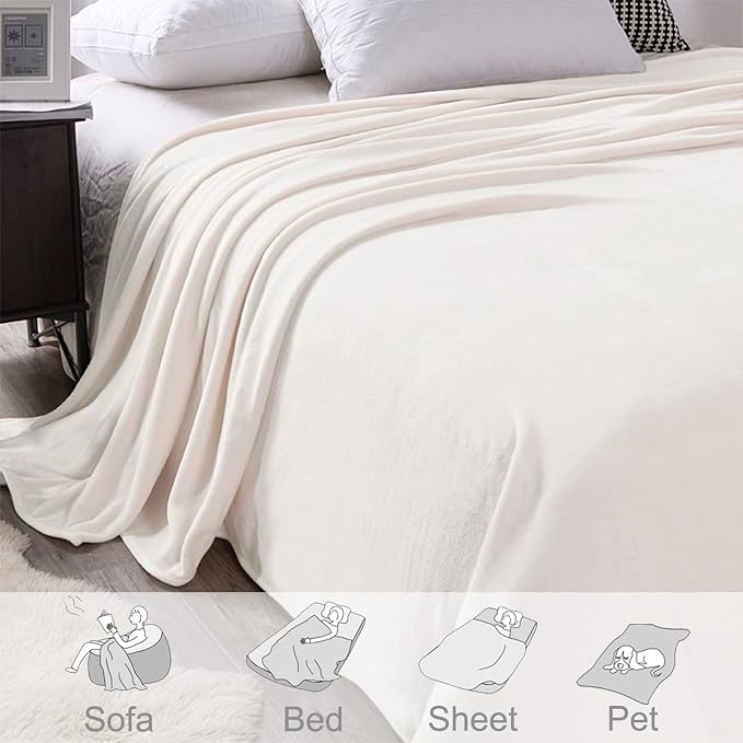 Exclusivo Mezcla Soft Fleece Throw Blanket for Couch, Ivory | 50x60 Inches, Double-Sided Brushed Flannel, Lightweight Plush Cozy Blanket for Home Decor, All Season, Machine Washable