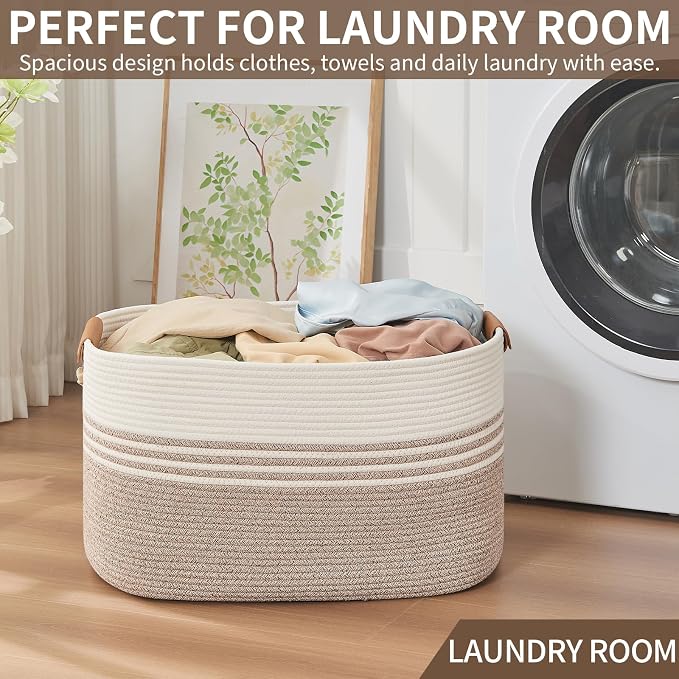 DOFASAYI Laundry Hamper with Handles, 72L Rope Laundry Basket, Light Brown | Cotton rope clothes hamper with leather handles holds blankets, pillows, toys and laundry in nursery, bedroom or living room