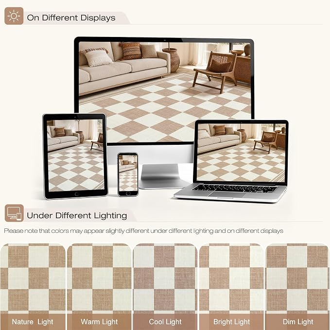 cotiled Washable Area Rugs 9x12 Living Room | Non Slip Backing, Stain Resistant, Pet Friendly, Large Neutral Soft Indoor Carpet For Bedroom, Nursery, Office, Khaki/Brown