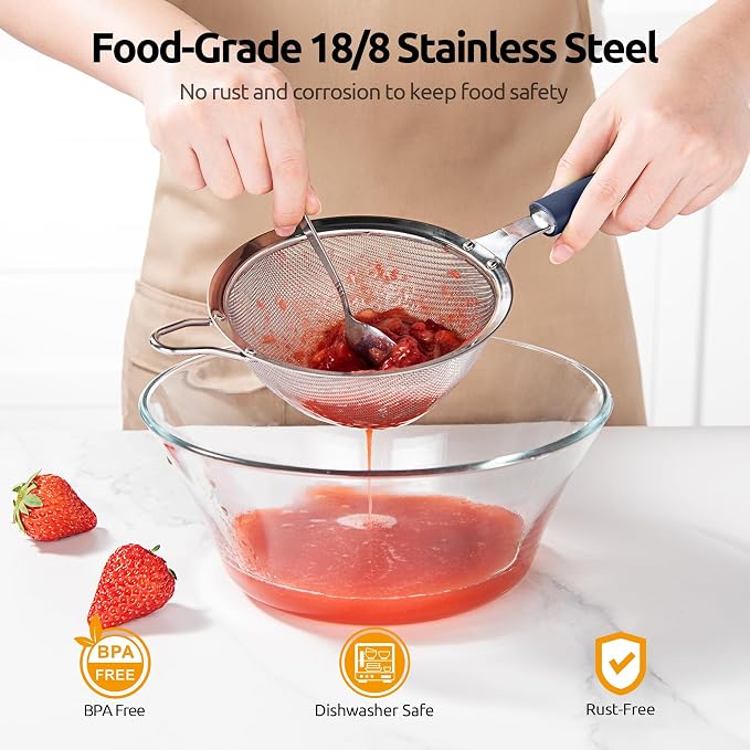 U-Taste Medium Fine Mesh Strainer: 18/8 Stainless Steel 4.73in 30 Mesh Kitchen Food Sieve with Sturdy Riveted Silicone Handle, Heavy Duty Deep Handheld Metal Colander for Rice, Quinoa(Midnight Blue)