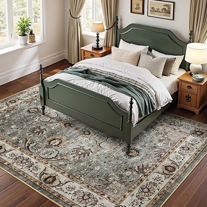 5x7 Ft Machine Washable Area Rugs for Bedroom, Thin Vintage Floral Print Rug Non Slip Carpet for Living Room, Dining Room, Office Home Decor (Brown)