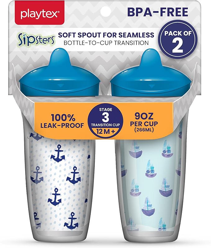 Playtex Baby Sipsters Hard Spout Sippy Cup for 12+ Months, 9 Ounce (2 Count), Blue Anchor & Sailboat Design, Insulated Toddler Water Bottle for Kids, Spill-Proof Cups for Toddlers 1-3, Stage 3