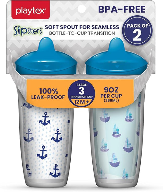 Playtex Baby Sipsters Hard Spout Sippy Cup for 12+ Months, 9 Ounce (2 Count), Blue Anchor & Sailboat Design, Insulated Toddler Water Bottle for Kids, Spill-Proof Cups for Toddlers 1-3, Stage 3