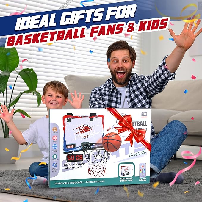 Mini Indoor Basketball Hoop with 7-Color Lights & 3-Light Effects & Scoreboard & Timer,Over The Door Bedroom Office Basketball Hoop for 5-7 8-12+ Year Old Kids Boys Birthday