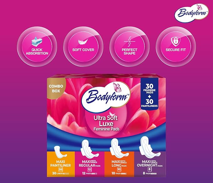Bodyform Luxe Feminine Pads and Pantyliners Combo – 60 Count (30 Pads + 30 Liners), Ultra-Soft, Super Absorbent, Leak Protection, Daily Comfort & Freshness