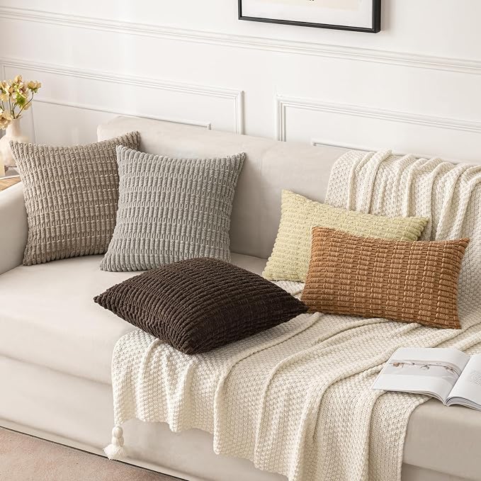 MIULEE Corduroy Decorative Throw Pillow Covers 20x20 Brown Pack of 2 | Soft Boho Striped Pillow Covers Modern Farmhouse Fall Home Decor For Sofa Living Room Couch Bed