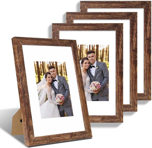 Hongkee 8x12 Picture Frame Set of 4, Made of Glass and Rustic Brown Wooden Frame - Display 6x8 Picture with Mat or 8 x 12 Poster Without Mat, 8 by 12 Photo for Wall or Tabletop