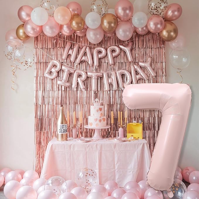 7th Birthday Balloons for Girls, 40'' Foil Self Inflating Light Baby Pink Number 7 Balloon, Pastel Dusty Blush Pink Large Mylar 7 Balloon Number for Kids Birthday Party Decor Anniversary Decorations