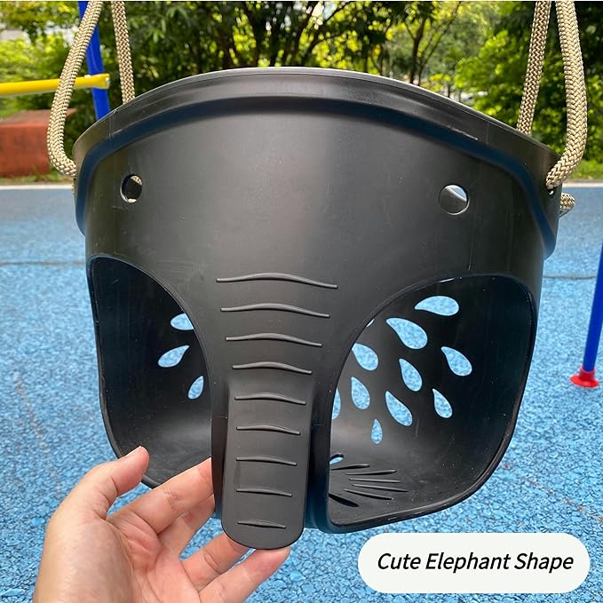SELEWARE Heavy-Duty High Back Full Bucket Toddler Swing Seat with Locking Carabiners and Adjustable Rope, Cute Elephant Shape Design, 600LB Weight Limit (Bucket Swing, Black)