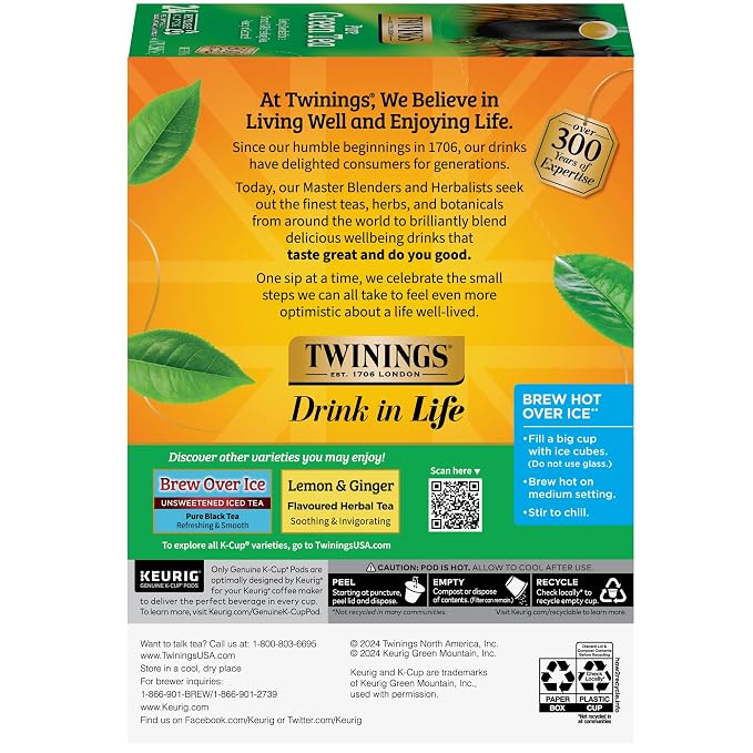 Twinings Pure Green Tea K-Cup Pods for Keurig, 24 Count (Pack of 2), Smooth Flavour, Enticing Aroma, Caffeinated, Enjoy Hot or Iced