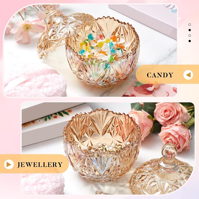 Tioncy 2 Pcs Extra Large Dusting Powder Puff and Container for Women-6'' Glass Crystal Dusting Powder Container with Body Soft Washable Reusable Velour Face(Amber,Crown)