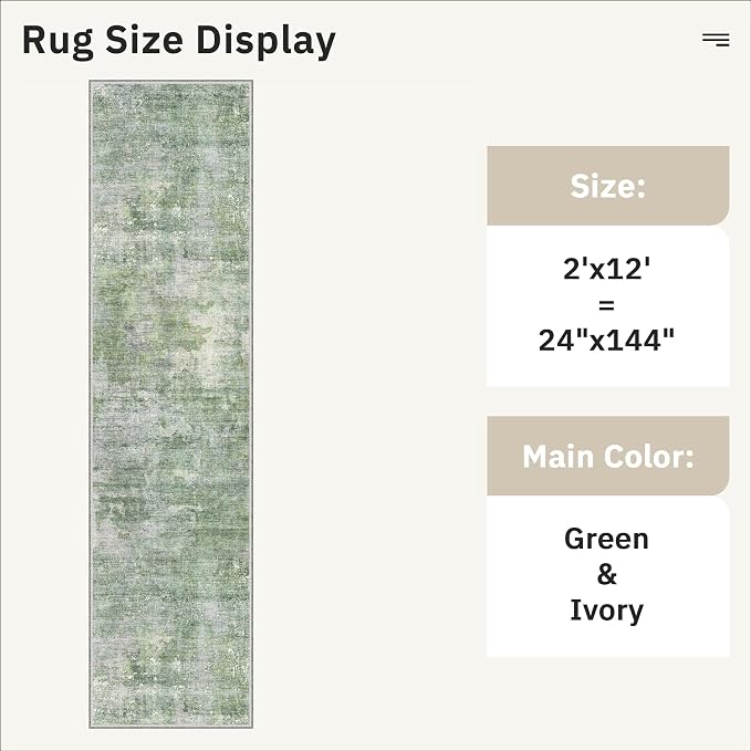 Soalmost Abstract Runner Rug 2x12 Hallway Kitchen Runners Green/Ivory | Vintage Washable Rugs for Bathroom Laundry Room, Low Pile Stain Resistant Floor Carpet Mat Entryway Corridor Bedroom