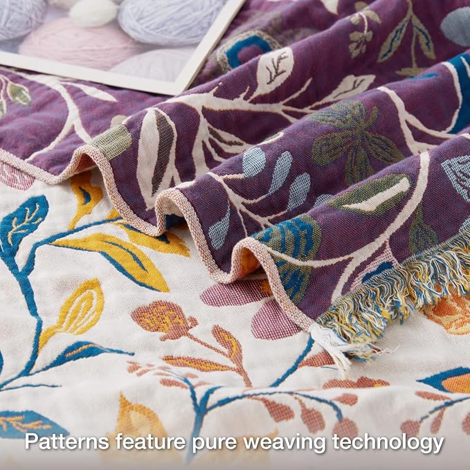 100% Cotton Boho Throw Blanket for Home Decor – Classic Farmhouse Quilt Bedding, Muslin Blankets for Adults, Vintage Woven Decorative Blanket for Couch, Bed Layering Use, Botanic Floral, 104"x90"