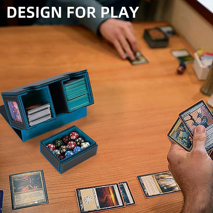 AFIING MTG Commander Card Storage Box - Fits 200 Double Sleeved Cards,3-in-1Card Deck Case,Strong Magnet Card Organizer For Magic Commander TCG CCG,4Dividers &2 Toploaders, Black/Cyan