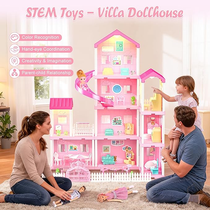 Dreamy Dollhouse Playset for Girls,Princess Doll House with 4-Story 10 areas 2 Dolls, Lights, Pets,Furniture & Accessories, Pretend-Play Toddler Playhouse Gift for 3 4 5 6 7 8 9+ Year Old Girls Toys