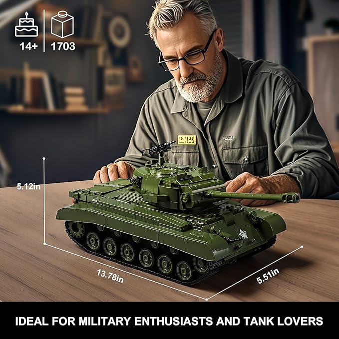 WW2 M26 Pershing Army Tank Building Sets for Adults(1703 Pieces), Compatible with Lego, Collectible US Military Tank Model kit to Build and Display, Ideal Gift for Military Fans
