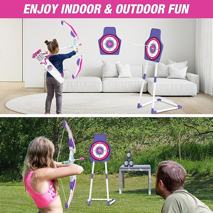 Bow and Arrow for Kids 4-6, LED Light Up Archery Set with 12 Suction Cup Arrows, 1 Standing Target, 3 Score Targets&1 Quiver, Indoor Outdoor Sport for Boys Girls Ages 8-12, Purple