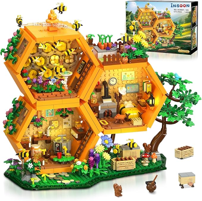 INSOON Farm Bee House Building Set with Lights, 1773PCS Honey Cabin Building Block Kit with Flowers Botanical Animals, Treehouse Construction Model Home Decor, Easter Gift for Adults Boys Girls 12+