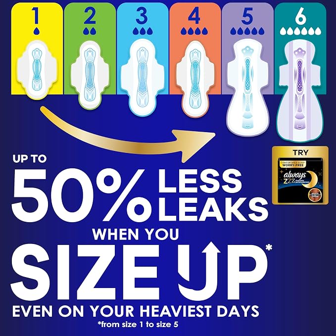 Always Maxi Overnight Feminine Pads with Wings for Women, Size 5, Extra Heavy Overnight Absorbency, Unscented, Up to 100% Leak-Free Protection, 52 Count