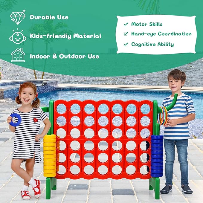 COSTWAY Jumbo 4-to-Score Giant Game Set for Kids & Adults, 2.5Ft Indoor Outdoor Game with Basketball Hoop, Ring Game, 42 Jumbo Rings, Quick-Release Slider, Perfect for Birth & Holiday Party